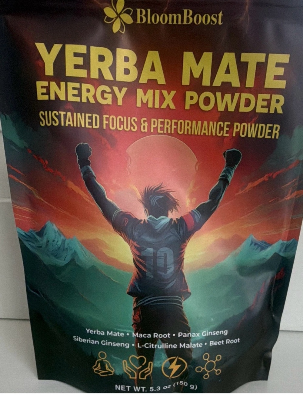 a new day Yerba Mate Energy Mix Powder - Red, Orange and Teal Artwork